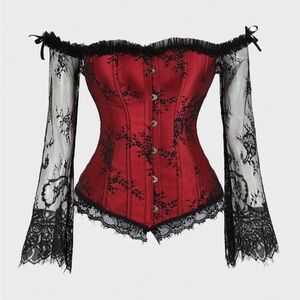WOMENS BURGUNDY AND BLACK LACE SLEEVED CORSET VAMPIRE TOP XS AND ACCESSORIES